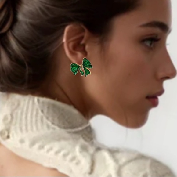 Glittery Bowknot Druzy Emerald Green Gold Stud Earrings St. Patrick’s Day NEW - Picture 5 of 10